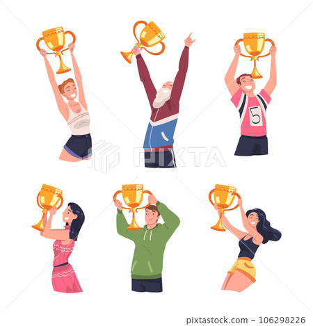Man and Woman Winner Holding Golden Cup as Trophy and Award Vector Illustration Set 106298226