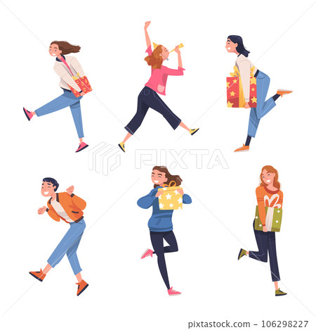 Man and Woman Going On Birthday Holiday Vector Illustration Set 106298227