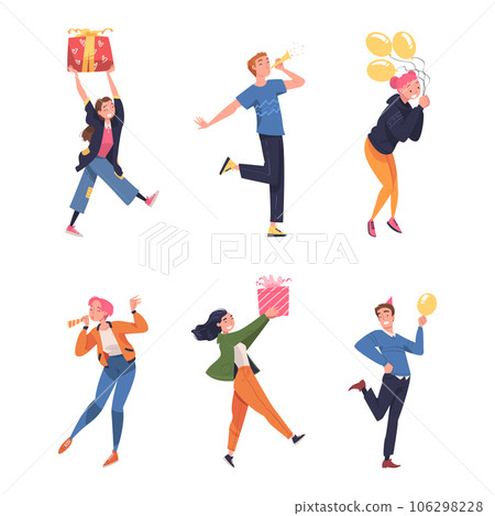 Man and Woman Going On Birthday Holiday Vector Illustration Set 106298228