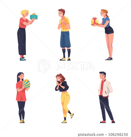 Man and Woman Character Give Gift Box Engaged in Holiday Congratulation Vector Illustration Set 106298230