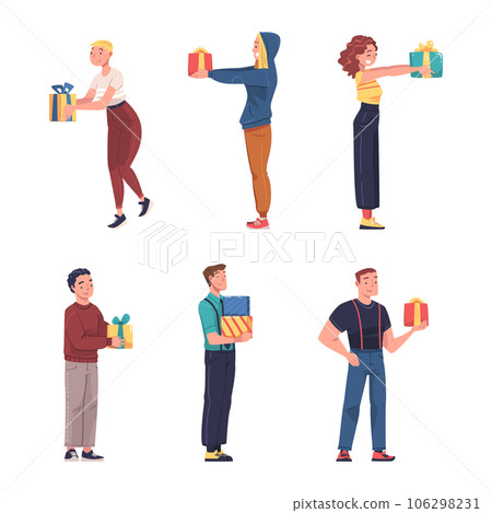 Man and Woman Character Give Gift Box Engaged in Holiday Congratulation Vector Illustration Set 106298231