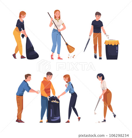 Man and Woman Character Collecting Garbage in Sack Cleaning Street Vector Illustration Set 106298234