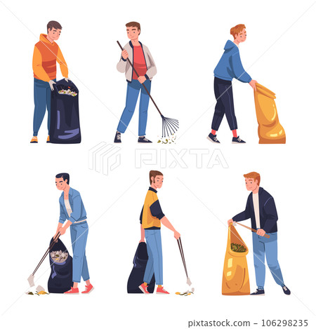 Man Character Collecting Garbage in Sack Cleaning Street Vector Illustration Set 106298235