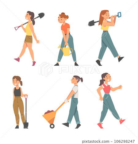People Characters with Shovel and Wheelbarrow Gardening and Farming Cultivating Soil Vector Set People Characters with Shovel and Wheelbarrow Gardening and Farming Cultivating Soil Vector Set 106298247
