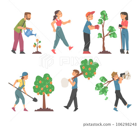People Characters Planting and Cultivating Money Tree Watering and Fertilizing Soil Vector Set 106298248
