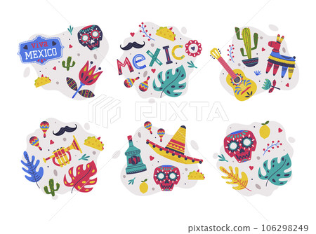 Bright Mexico Object with Guitar, Maraca, Skull and Pinata Element Vector Composition Set 106298249