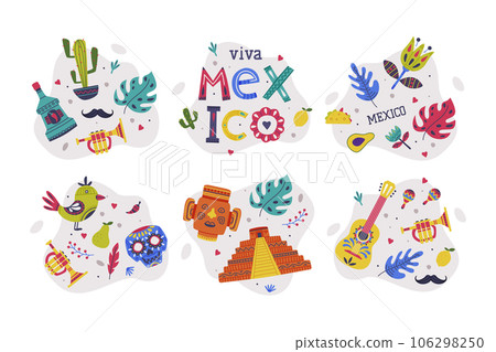 Bright Mexico Object with Guitar, Skull and Tequila Element Vector Composition Set 106298250