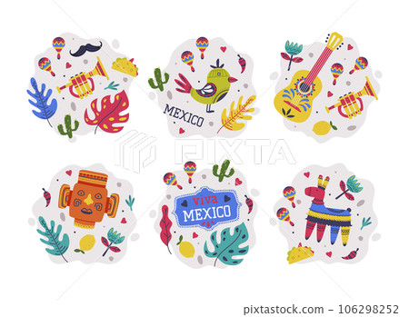 Bright Mexico Object with Pinata, Guitar and Mask Element Vector Composition Set 106298252