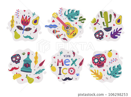 Bright Mexico Object with Guitar, Cactus, Skull and Tequila Element Vector Composition Set 106298253