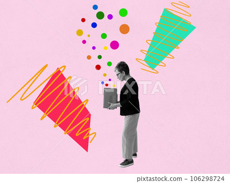 Woman looks into an open box. Collage about creativity and positive. 106298724