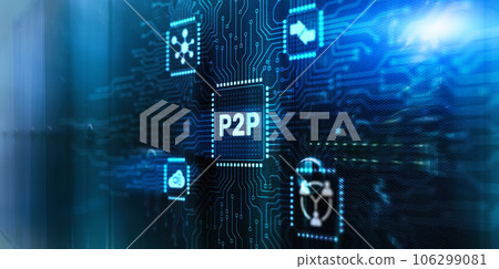 Peer to peer. P2P on futuristic background mixed media 106299081