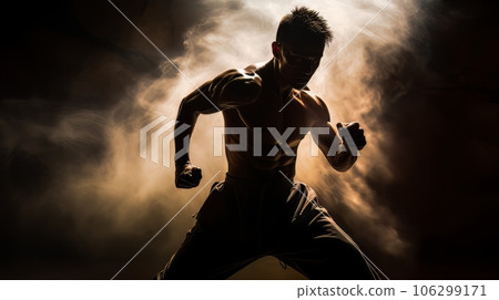 Athletic strong man on dark background. Martial arts athlete, AI 106299171