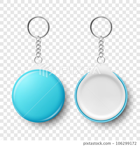 Vector Realistic Blank Blue Round Keychain with Ring and Chain for Key Isolated. Button Badge with Rin, Plastic or Metal ID Badge with Chains Key Holder, Design Template, Mockup. Front View 106299172