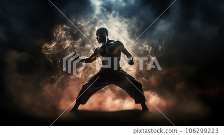 Athletic strong man on dark background. Martial arts athlete, AI Athletic strong man on dark background. Martial arts athlete, AI 106299223