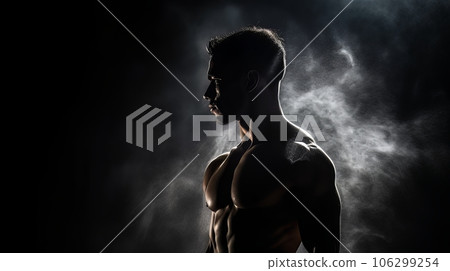 Athletic strong man on dark background. Martial arts athlete, AI Athletic strong man on dark background. Martial arts athlete, AI 106299254
