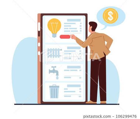 Man checks and pays his utility bills online using his phone. Payment for electricity, water and heating in internet application. Man and huge smartphone. Cartoon flat isolated vector concept Man checks and pays his utility bills online using his phone. Payment for electricity, water and heating in internet application. Man and huge smartphone. Cartoon flat isolated vector concept 106299476