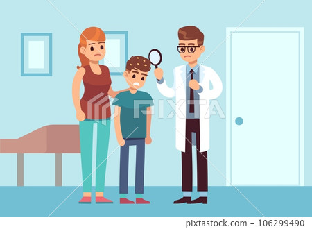 Doctor examines patient head, looking for lice in boy hair. Hygiene problem or infection, pediatrician and kid. Parasite insect, louse disease cartoon flat style isolated vector concept Doctor examines patient head, looking for lice in boy hair. Hygiene problem or infection, pediatrician and kid. Parasite insect, louse disease cartoon flat style isolated vector concept 106299490