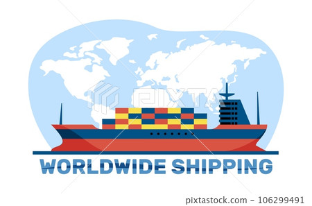 Delivery of goods by cargo seagoing vessels. Worldwide shipping. Barge with containers on map background. Freight commerce distribution. Cartoon flat isolated illustration. Vector export concept Delivery of goods by cargo seagoing vessels. Worldwide shipping. Barge with containers on map background. Freight commerce distribution. Cartoon flat isolated illustration. Vector export concept 106299491