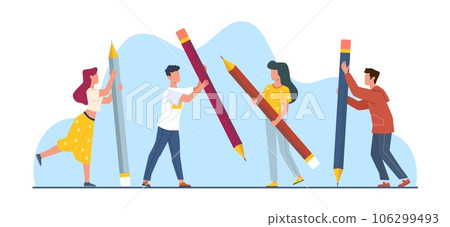 Copywriting and blogging, guys and girls with huge pencils. Writer character or content manager stands with pen. Creative stationery cartoon flat style illustration. Vector marketing concept 106299493