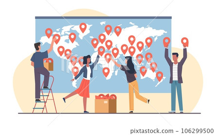 Concept of global business development, people tag open branches of company on map. worldwide opportunities, strategy planning. Expanding and conquering. Vector cartoon flat illustration Concept of global business development, people tag open branches of company on map. worldwide opportunities, strategy planning. Expanding and conquering. Vector cartoon flat illustration 106299500