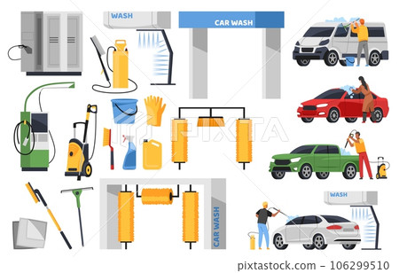 Cartoon car wash elements. Owners take care of vehicles, brushes, vacuum cleaners, rolls and automatic machines with water, man and woman cleaning automobile, tidy vector flat isolated set Cartoon car wash elements. Owners take care of vehicles, brushes, vacuum cleaners, rolls and automatic machines with water, man and woman cleaning automobile, tidy vector flat isolated set 106299510