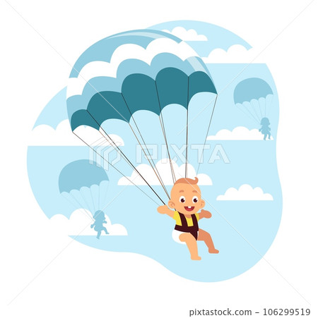 Baby birth concept, little boys and girls descend from sky by parachute. Kids flying in sky. Newborn party invitation card, extreme parachuting sport. Vector cartoon flat isolated illustration Baby birth concept, little boys and girls descend from sky by parachute. Kids flying in sky. Newborn party invitation card, extreme parachuting sport. Vector cartoon flat isolated illustration 106299519