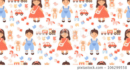 Cute kids seamless pattern. Children toys. Girl doll in red dress and boy in shorts, plush toys teddy bear and rabbit, train, car and cubes on white background. Vector illustration in cartoon style. Cute kids seamless pattern. Children toys. Girl doll in red dress and boy in shorts, plush toys teddy bear and rabbit, train, car and cubes on white background. Vector illustration in cartoon style. 106299558