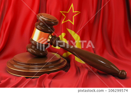The USSR law and justice concept. Wooden gavel on flag of the Soviet Union, 3D rendering 106299574