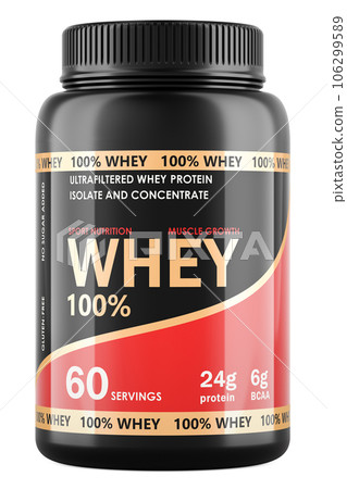 Whey Protein Powder Jar, 3D rendering Whey Protein Powder Jar, 3D rendering 106299589