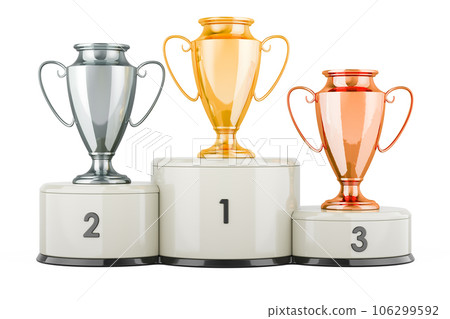 Golden, silver and bronze trophy cups on pedestal. 3D rendering 106299592