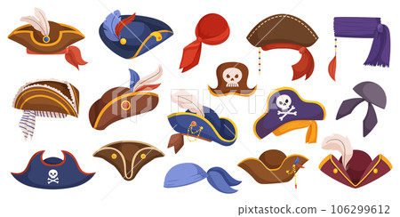 Iconic Pirate Hats, Wide-brimmed, Adorned With Feathers, And A Skull And Crossbones Symbol Or Head Scarves Iconic Pirate Hats, Wide-brimmed, Adorned With Feathers, And A Skull And Crossbones Symbol Or Head Scarves 106299612