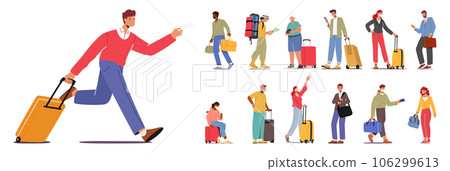Set of Traveler Characters Hurrying With Suitcases, Navigating Busy Airports And Stations. Expressing Sense Of Movement Set of Traveler Characters Hurrying With Suitcases, Navigating Busy Airports And Stations. Expressing Sense Of Movement 106299613