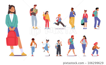 Set Of Eager Student Characters With Backpacks Slung Over Shoulders, Bustling Through Halls, Ready To Learn And Explore 106299629