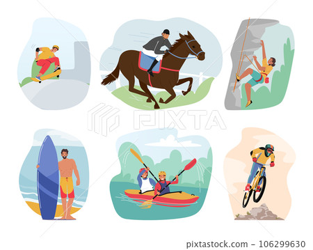 Set Of Male And Female Characters Engage In Extreme Vacation. Men And Women Ride On Skateboard Or Racing Horse 106299630
