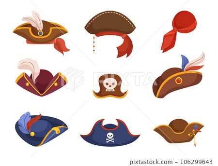 Iconic Pirate Hats Adorned With Feathers, Skulls, Or Ribbons. Filibuster Headwear, Tricorns and Bandana, Vector Iconic Pirate Hats Adorned With Feathers, Skulls, Or Ribbons. Filibuster Headwear, Tricorns and Bandana, Vector 106299643
