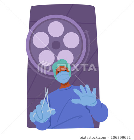 Focused Surgeon Character In Lab Coat Maneuvering With Instruments, Illuminating The Surgical Field, Vector Illustration 106299651