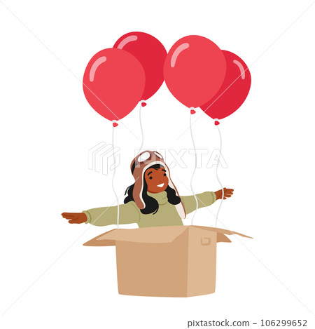 Child Character In Pilot Hat Sits In A Carton Box With Helium Balloons, Soaring Through The Sky With Wide-eyed Wonder Child Character In Pilot Hat Sits In A Carton Box With Helium Balloons, Soaring Through The Sky With Wide-eyed Wonder 106299652