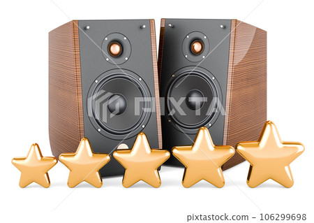 Musical Speakers with five golden stars. 3D rendering Musical Speakers with five golden stars. 3D rendering 106299698