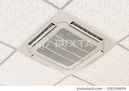 Ceiling Cassette Unit, Indoor Unit of Air Condition installed in the ceiling. 3D rendering Ceiling Cassette Unit, Indoor Unit of Air Condition installed in the ceiling. 3D rendering 106299699