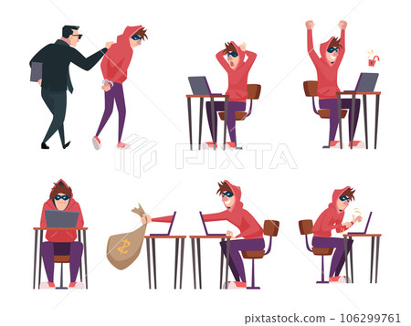Hacker. Personal data hacking character with laptop exact vector masked online thief hacker Hacker. Personal data hacking character with laptop exact vector masked online thief hacker 106299761
