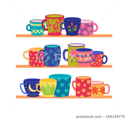 Cup shelves. Different containers for liquid products shelves in kitchen. vector set 106299775