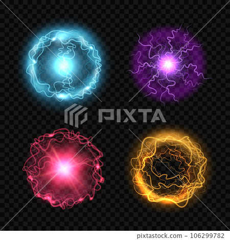 Ball lightning. Energy power electric round spheres decent vector realistic template of thunder light 106299782