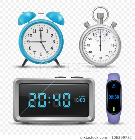 Clock. Realistic templates of different types of clocks decent vector symbols of time hand watch 106299783