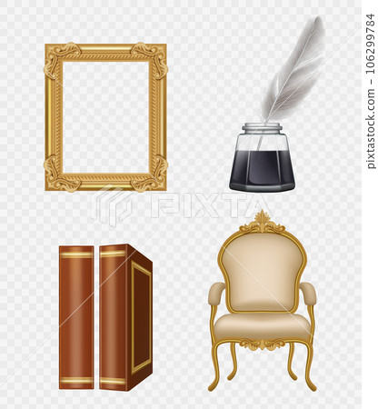 Retro gadgets. Vintage collection of old style items books chairs sofa decent vector pictures set Retro gadgets. Vintage collection of old style items books chairs sofa decent vector pictures set 106299784