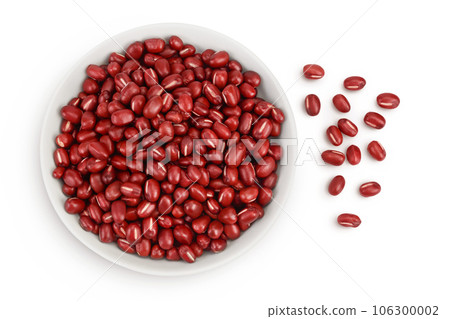 Red adzuki beans in ceramic bowl isolated on white background. Top view. Flat lay. Red adzuki beans in ceramic bowl isolated on white background. Top view. Flat lay. 106300002