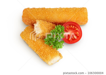 Fish finger or stick isolated on white background with full depth of field. Top view. Flat lay. Fish finger or stick isolated on white background with full depth of field. Top view. Flat lay. 106300004