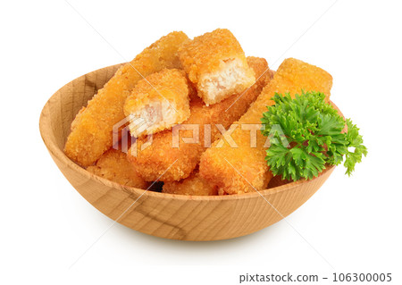 Fish finger or stick with parsley in wooden bowl isolated on white background with full depth of field Fish finger or stick with parsley in wooden bowl isolated on white background with full depth of field 106300005