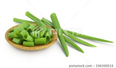 Green onion in wooden bowl isolated on the white background with full depth of field 106300018