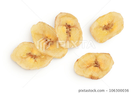 Dried banana chips isolated on white background with full depth of field. Top view. Flat lay Dried banana chips isolated on white background with full depth of field. Top view. Flat lay 106300036
