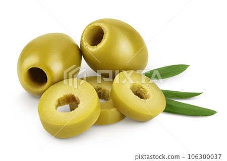 Green olives with leaves isolated on a white background with full depth of field. Green olives with leaves isolated on a white background with full depth of field. 106300037